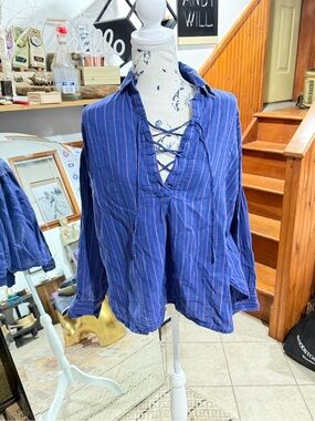 Free People Navy Blue Striped Lace-Up Tunic
